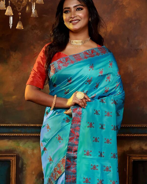 Mulberry Silk Saree in Off Blue Color With Ethnic Traditional Design